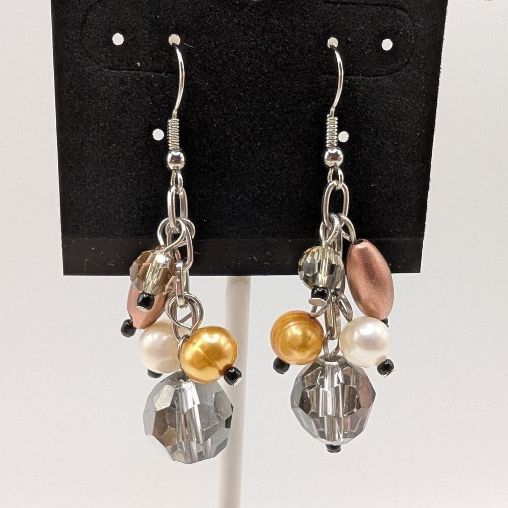 Cluster Style Dangle Earrings Neutral Tones Beads Faux Pearl Hook 2.25" NEW